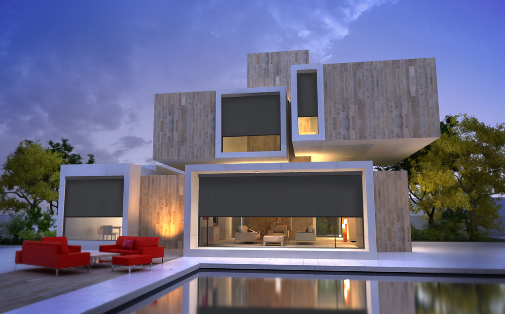 3D rendering of a wood and stone luxurious villa with swimming pool